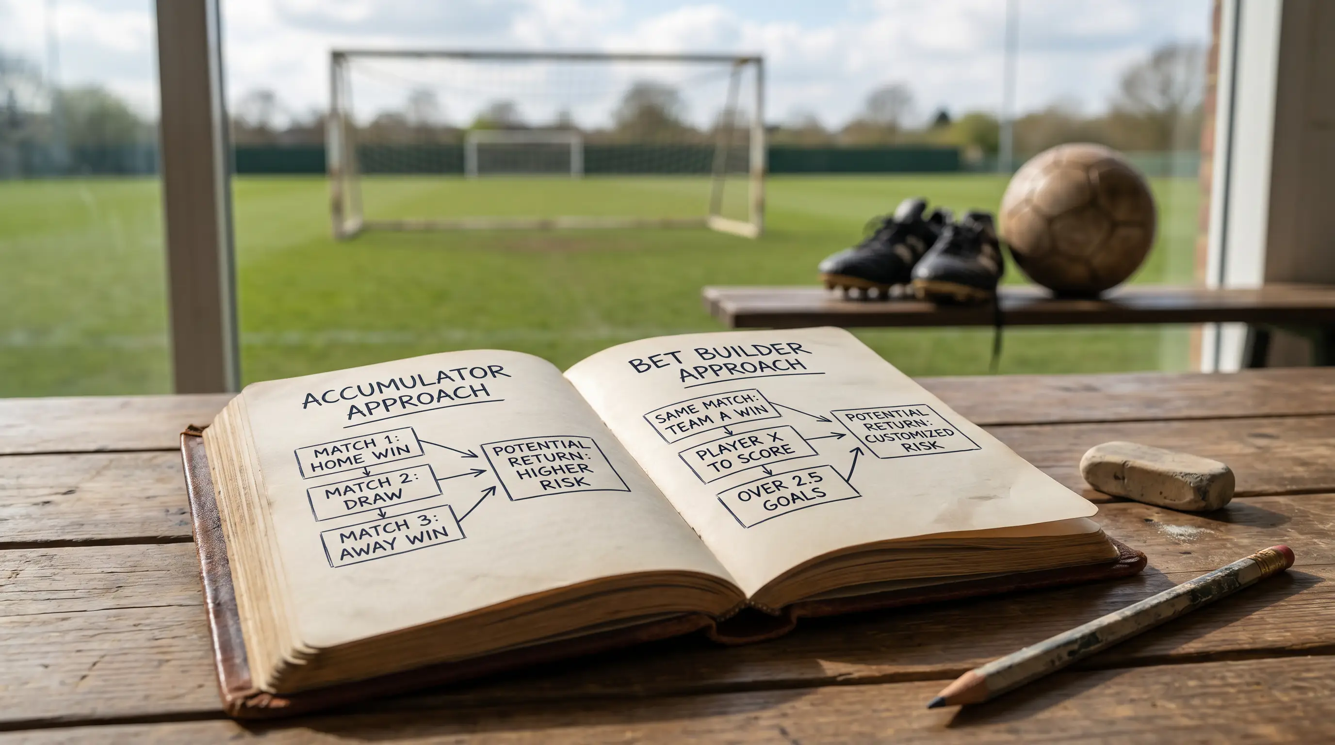 Notebook comparing accumulator and bet builder approaches with handwritten notes