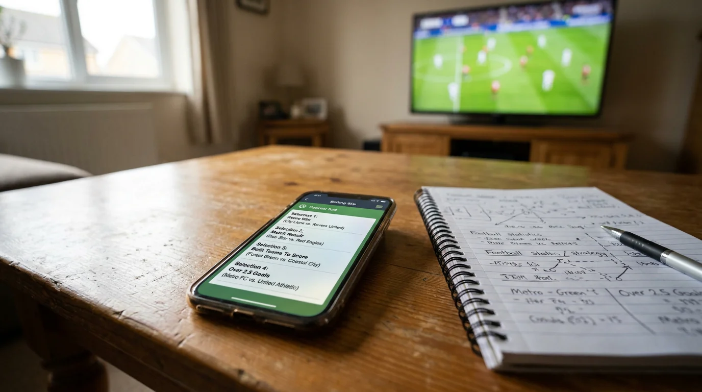 Football accumulator betting slip with multiple match selections highlighted on a mobile app