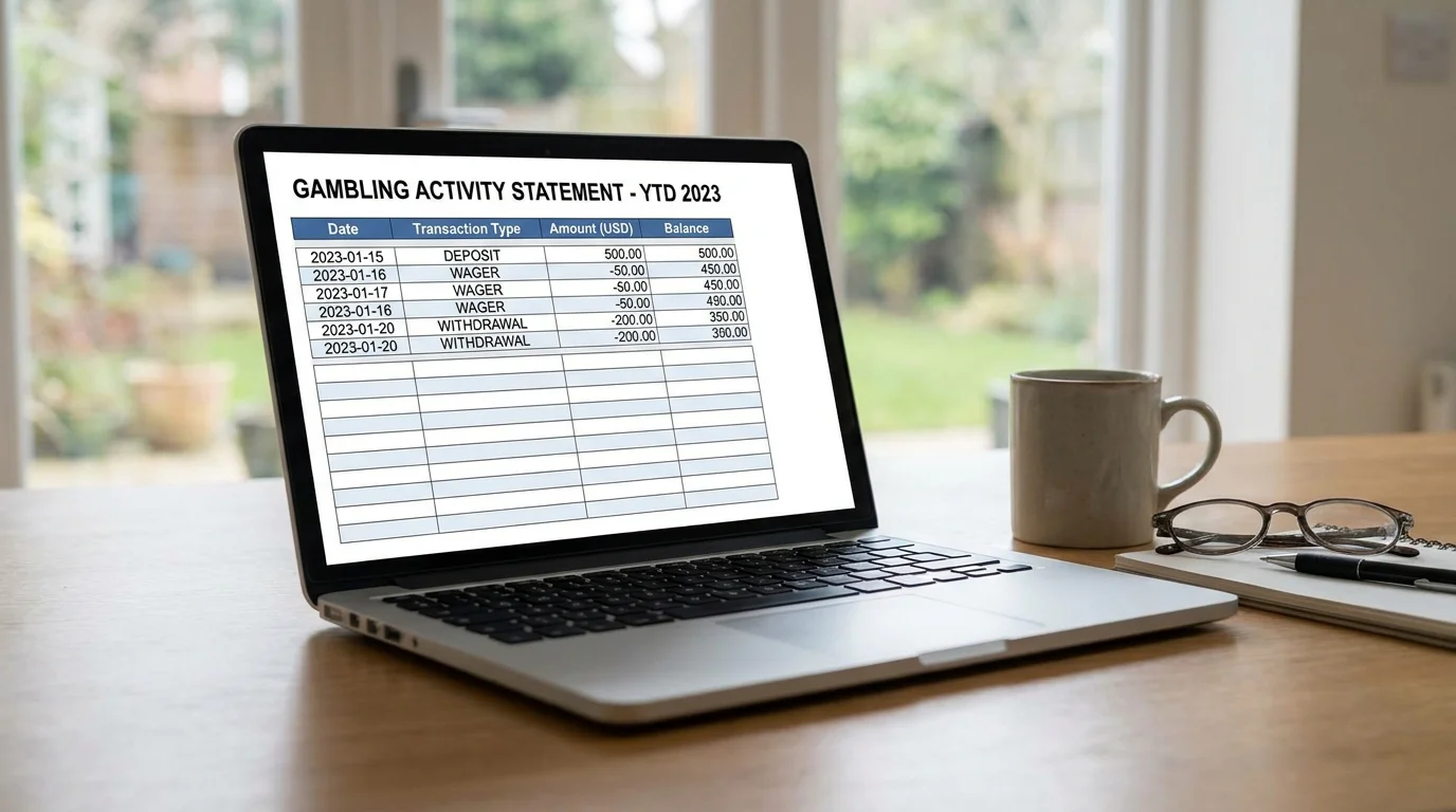 Gambling activity statement downloaded as a spreadsheet on a laptop