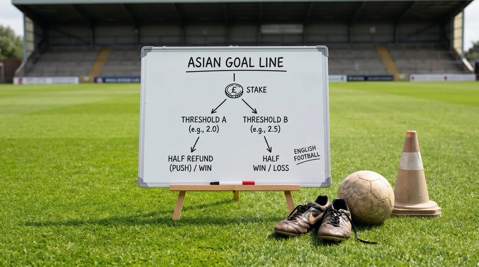 Explanation diagram showing how Asian goal line splits a stake across two thresholds