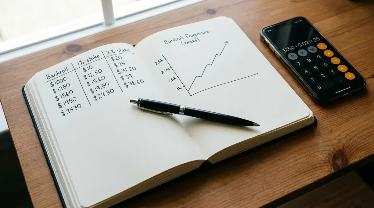 Structured bankroll management plan with flat staking percentages in notebook