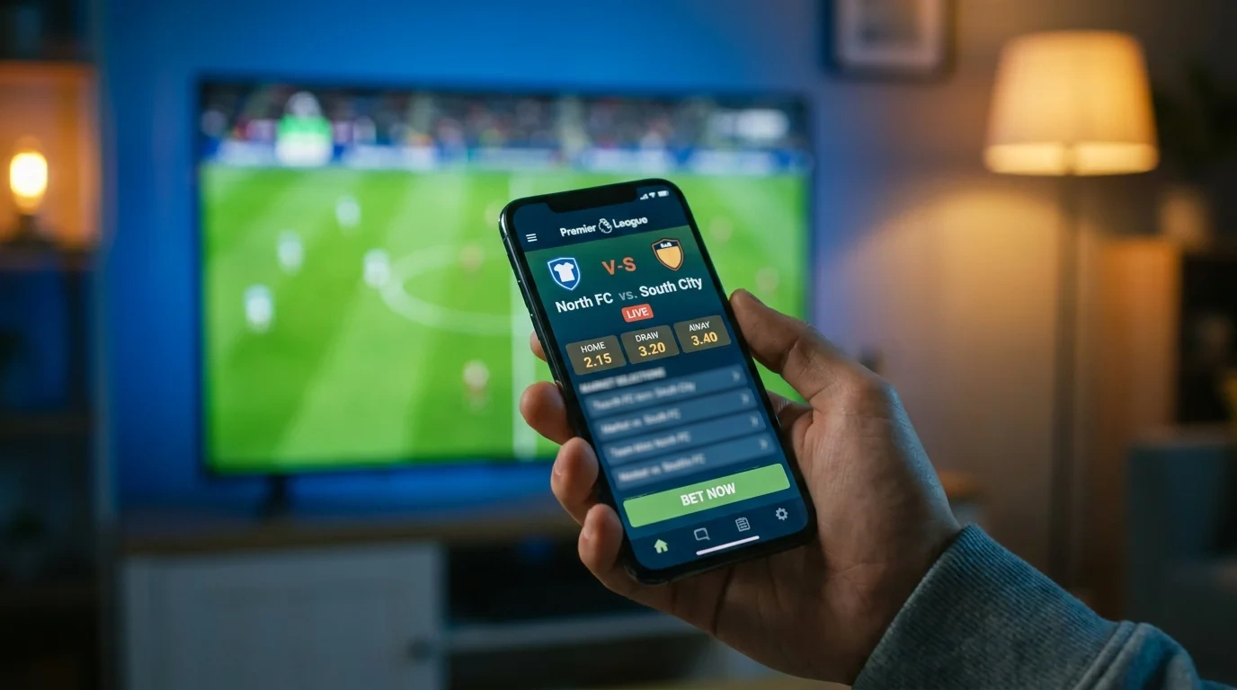 Person holding a smartphone displaying a football betting app with live match odds on screen