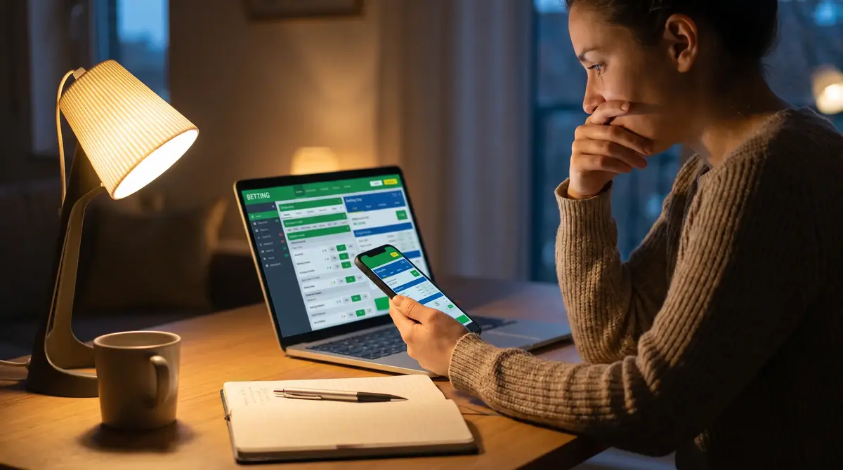 Person reviewing football betting options on smartphone and laptop side by side
