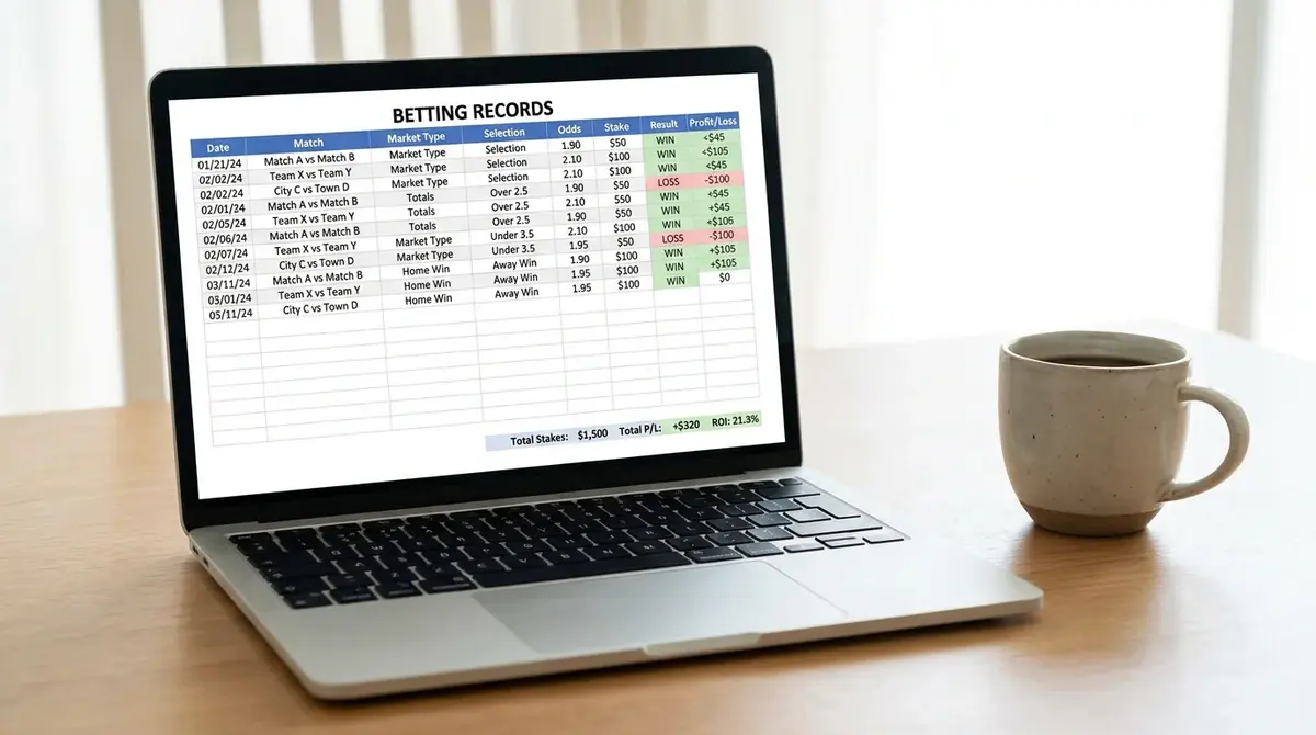 Detailed betting record spreadsheet tracking results by market type and league