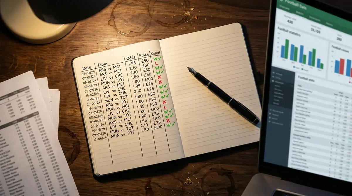 Notebook with handwritten betting records and a pen next to a laptop showing football statistics