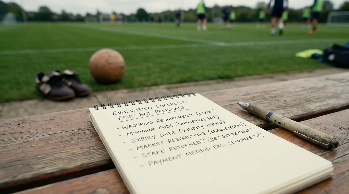 Notepad with a handwritten checklist for evaluating free bet offers