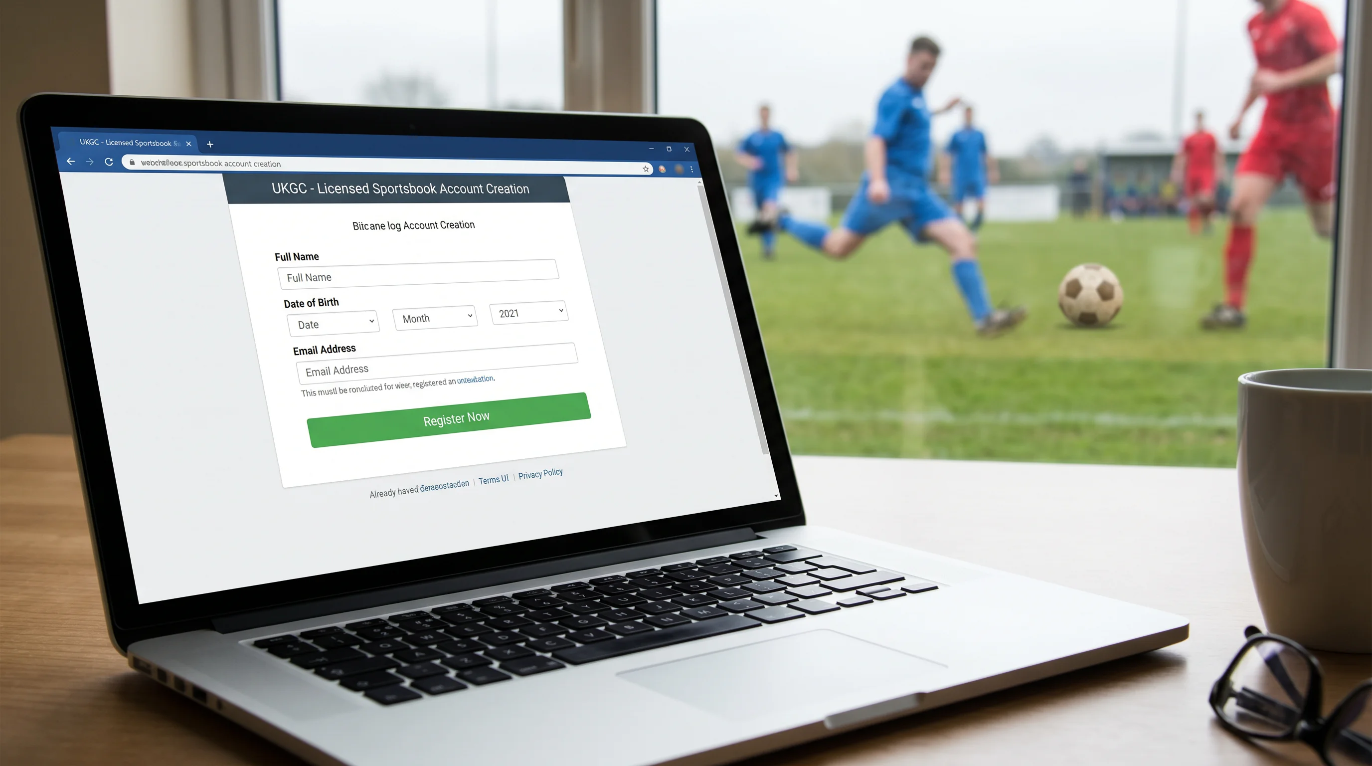 UKGC-licensed bookmaker account registration page on a laptop screen