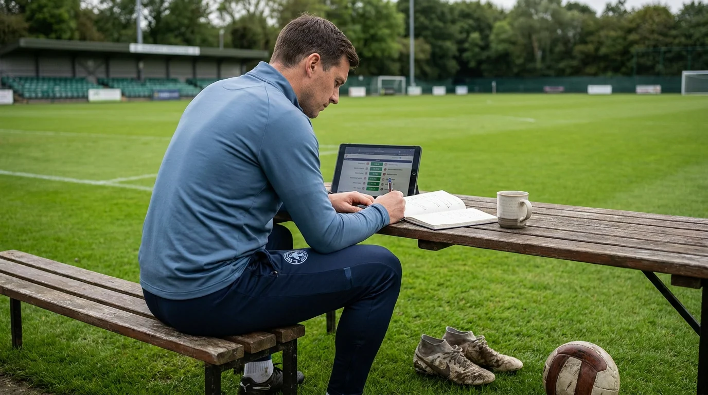 Person calmly reviewing match fixtures and setting a betting budget before matchday
