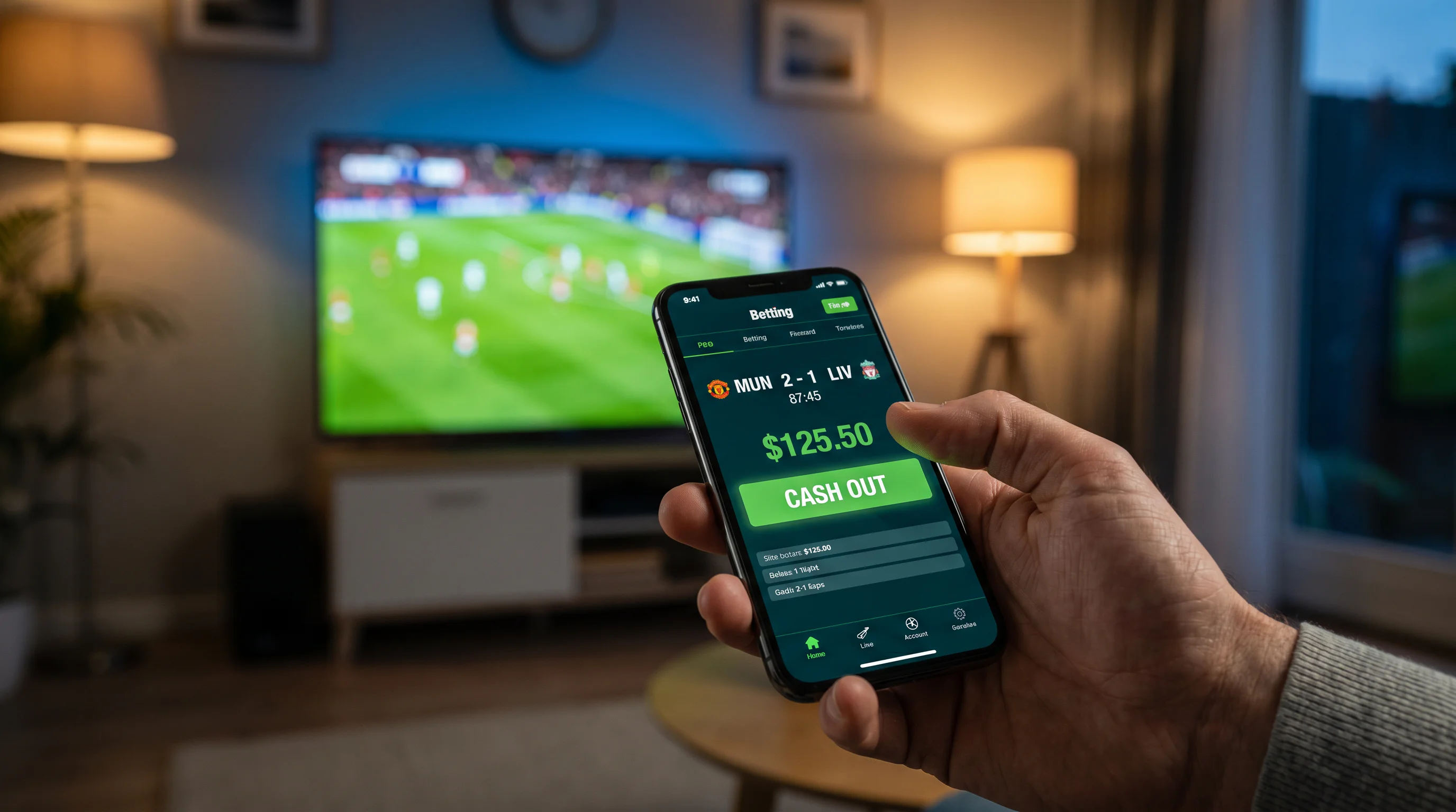 Mobile phone displaying a cash out option on a live football bet with the match playing in the background