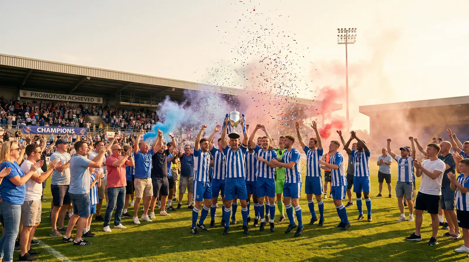 Championship club celebrating automatic promotion with fans on the pitch