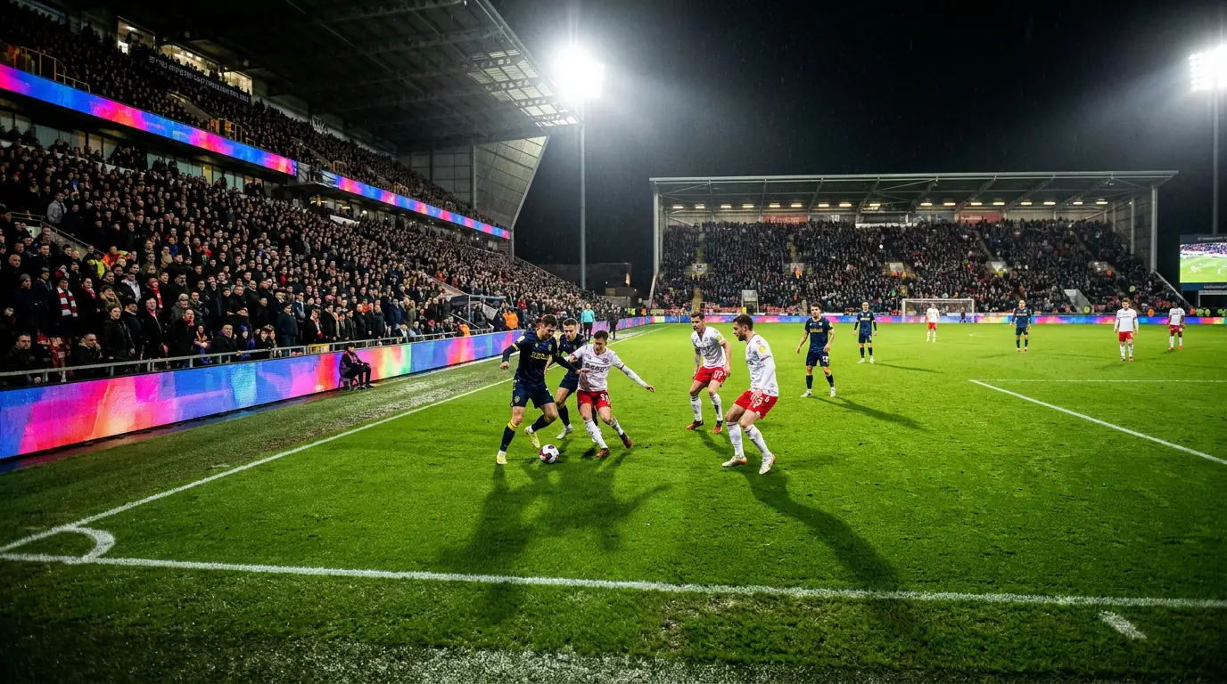 EFL Championship football match under floodlights with two teams competing on a grass pitch