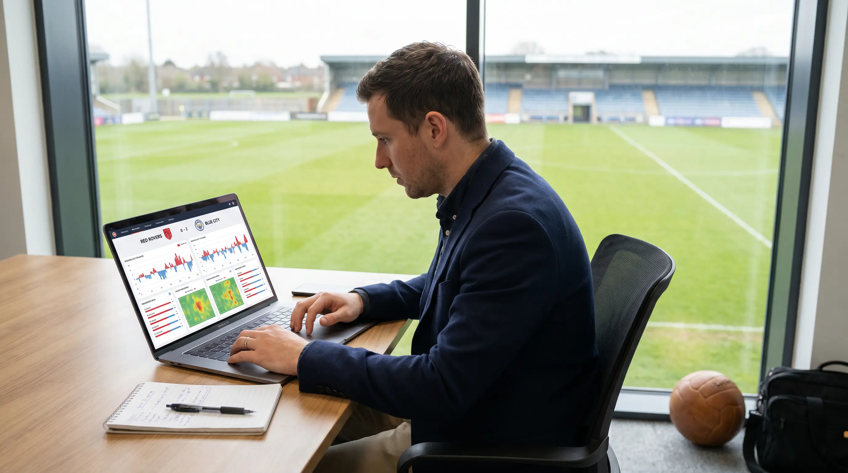 Analyst reviewing Championship match statistics on a laptop screen