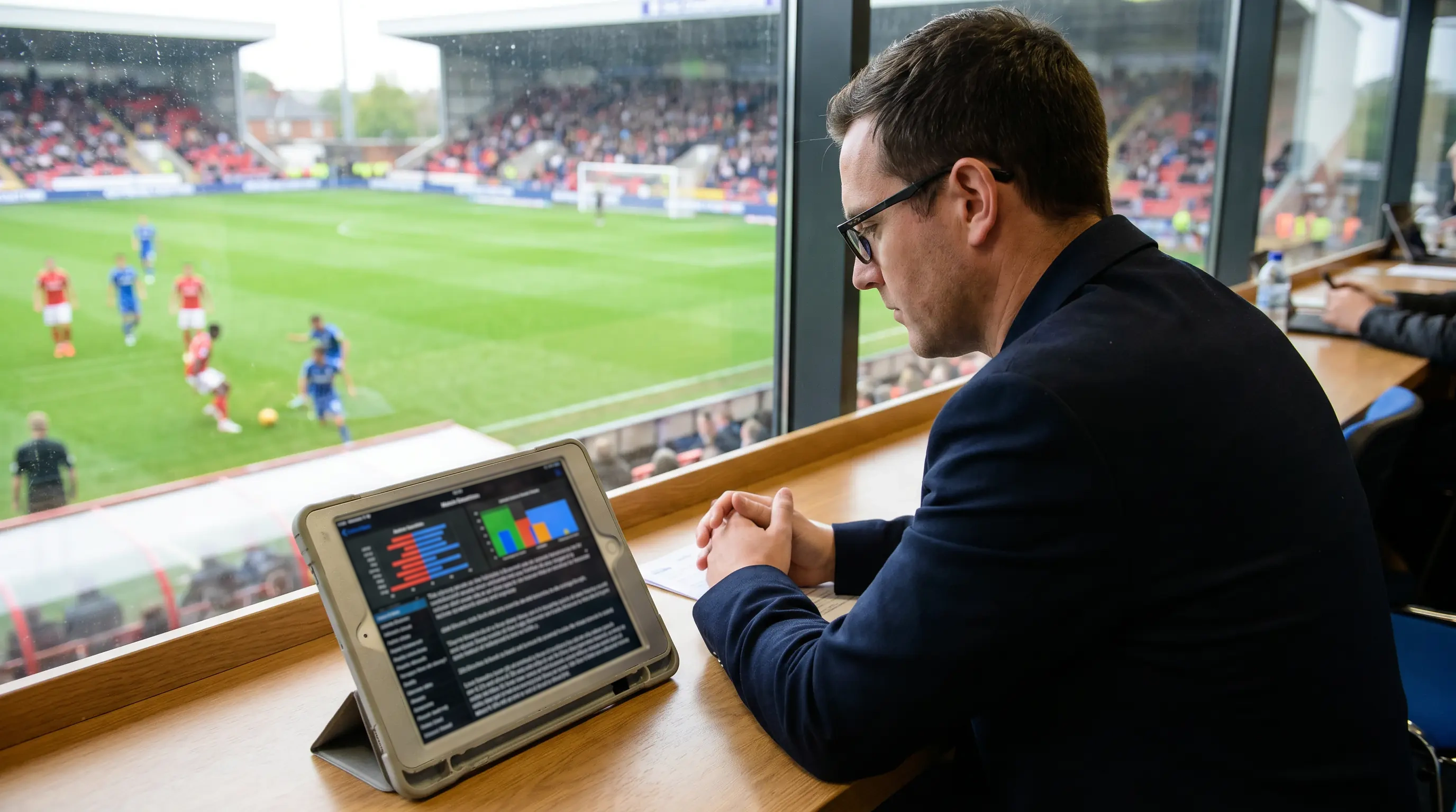 Analyst watching a Championship match while checking data on a tablet