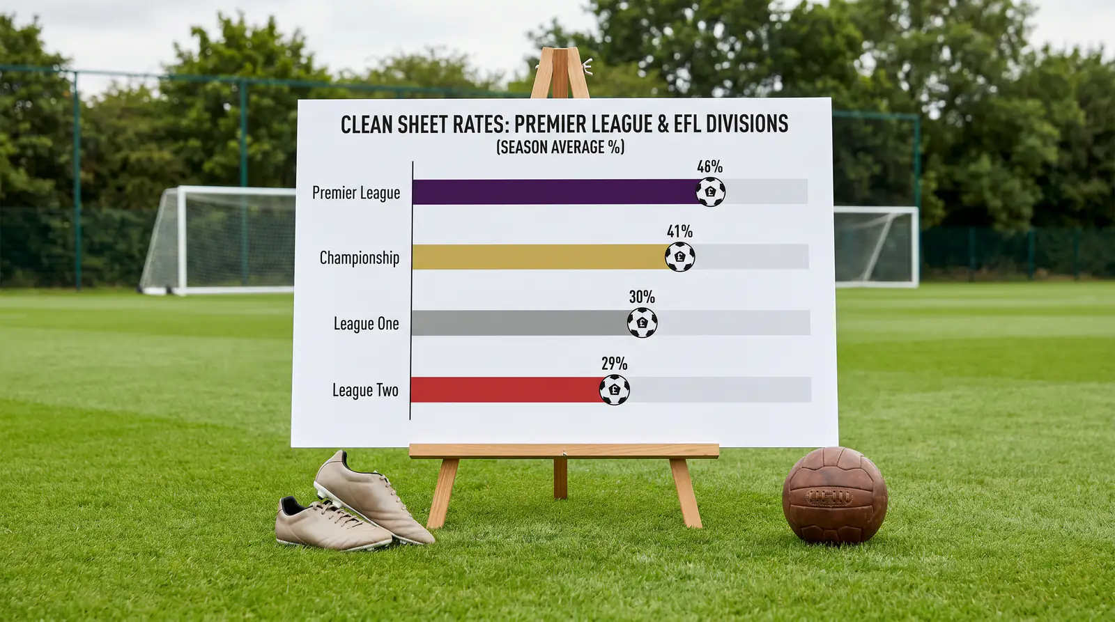 Chart comparing clean sheet rates across Premier League and EFL divisions