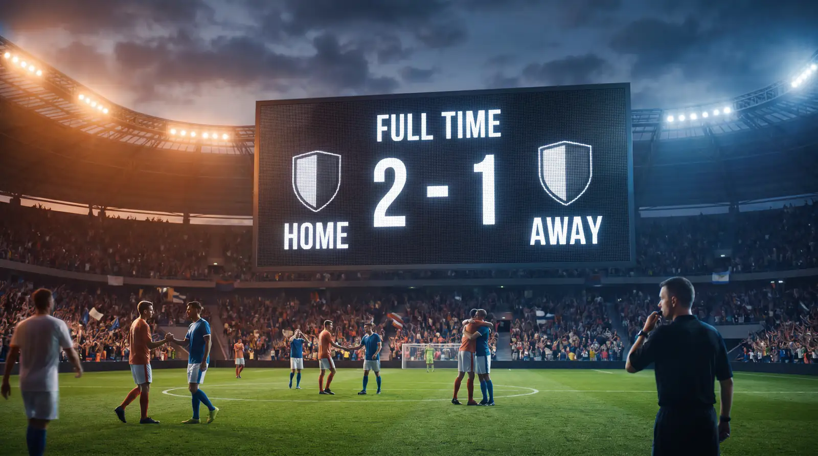 Football stadium scoreboard showing a match result alongside correct score betting odds on a screen
