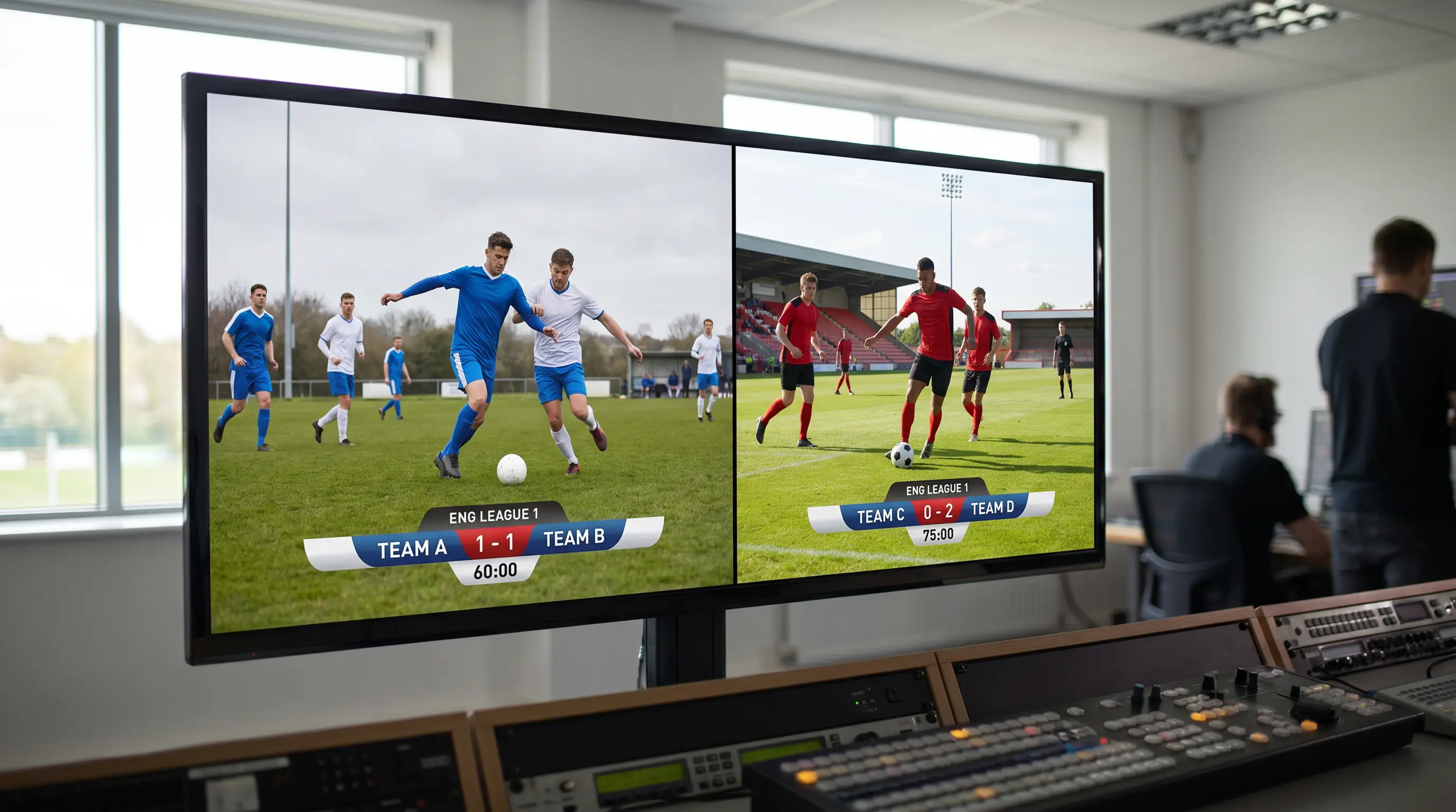 Two football matches from the same league playing simultaneously on split screen