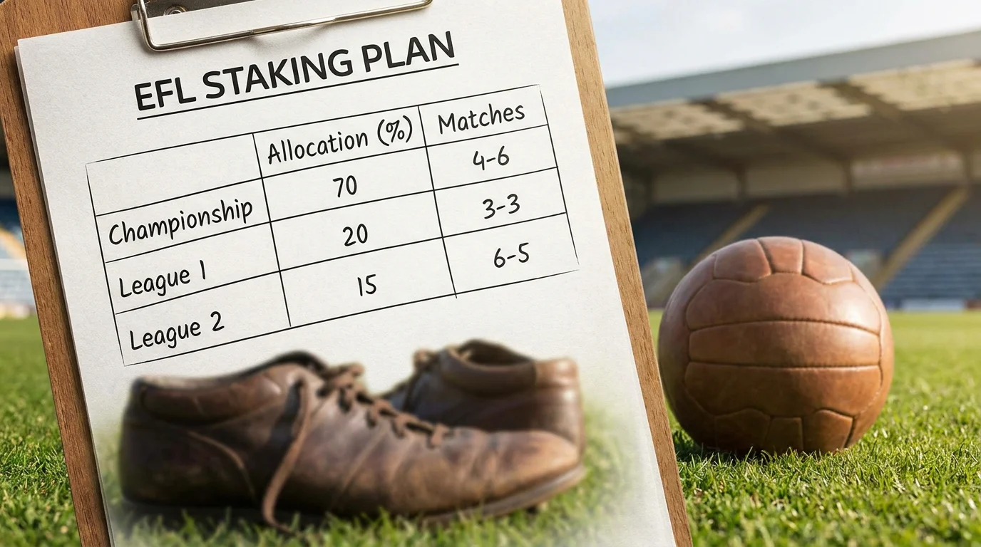 Staking plan document showing bankroll allocation across three EFL divisions