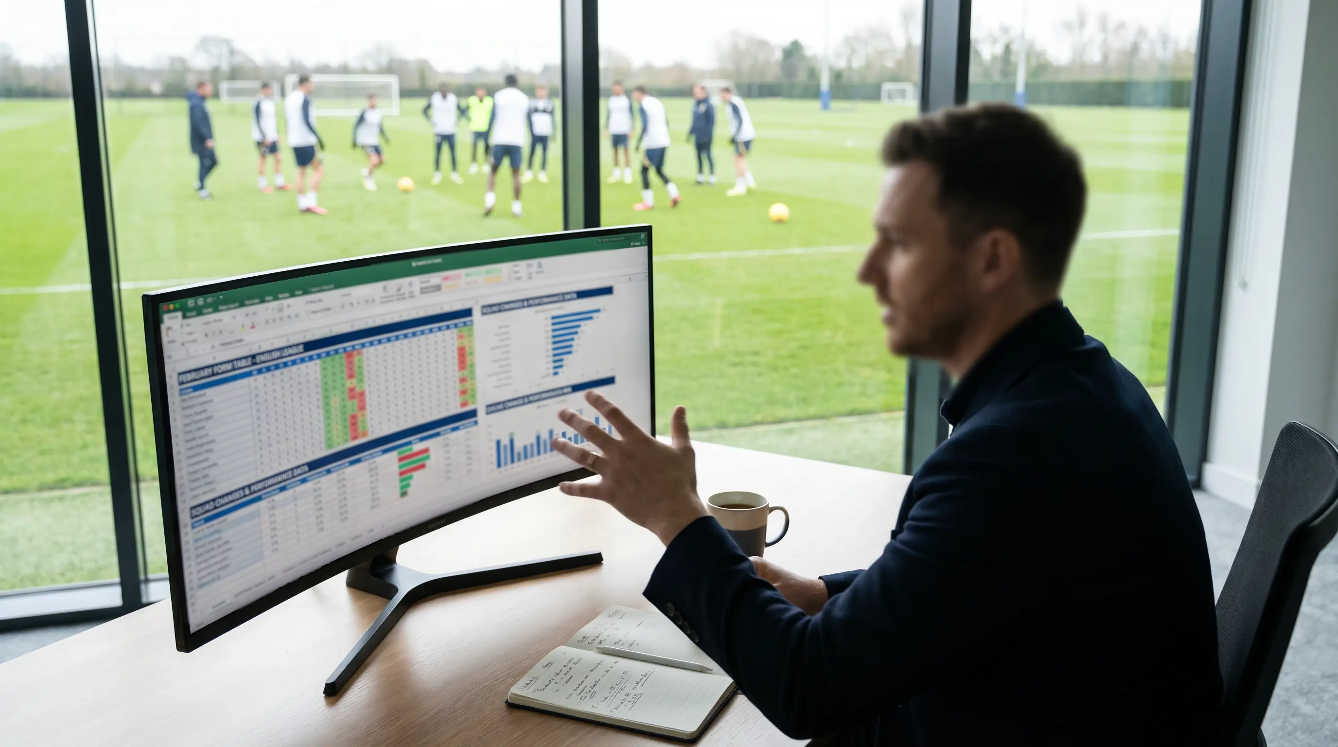 Analyst reviewing February form tables and squad changes on a screen