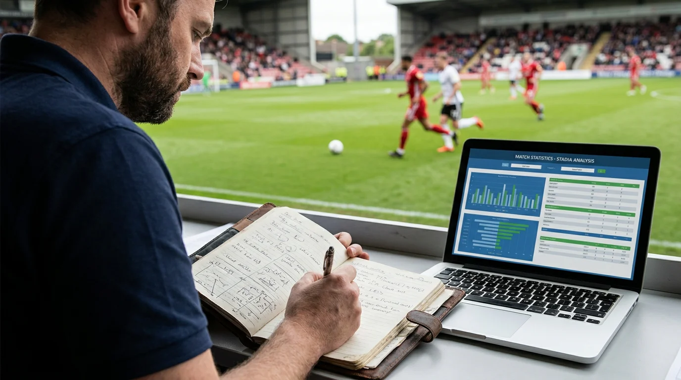 Analyst writing match notes in a notebook beside a laptop with statistics