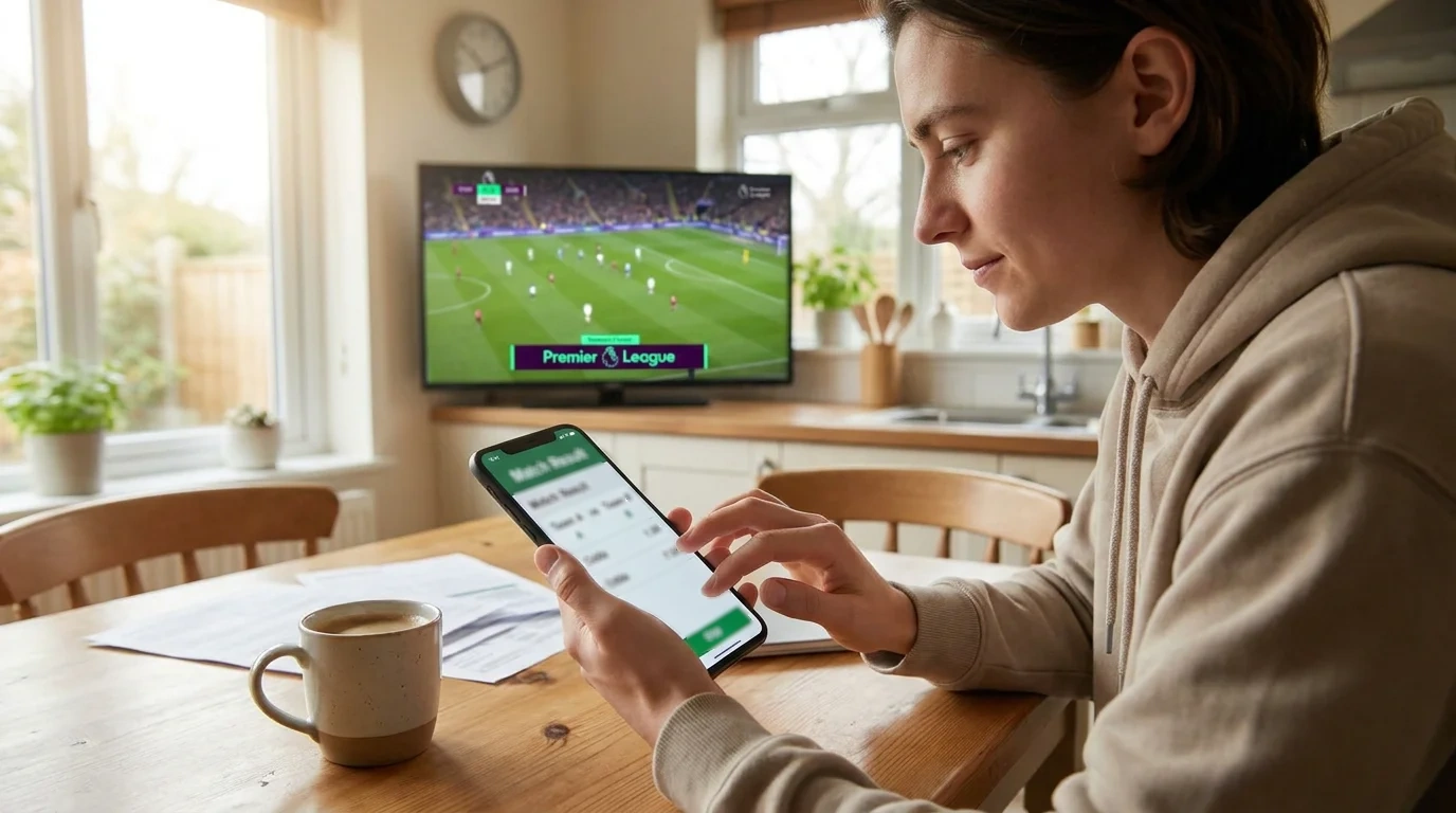 Person placing their first football bet on a mobile phone with a Premier League match on television