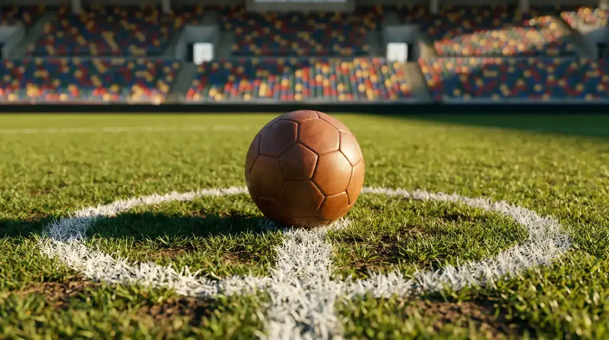 Close-up of football on pitch markings with stadium seating in background