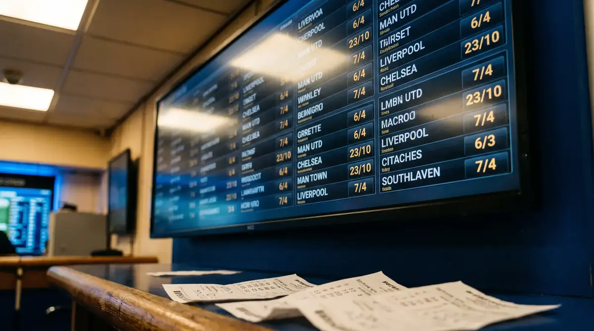 Close-up of a digital odds board showing fractional odds for an English football match