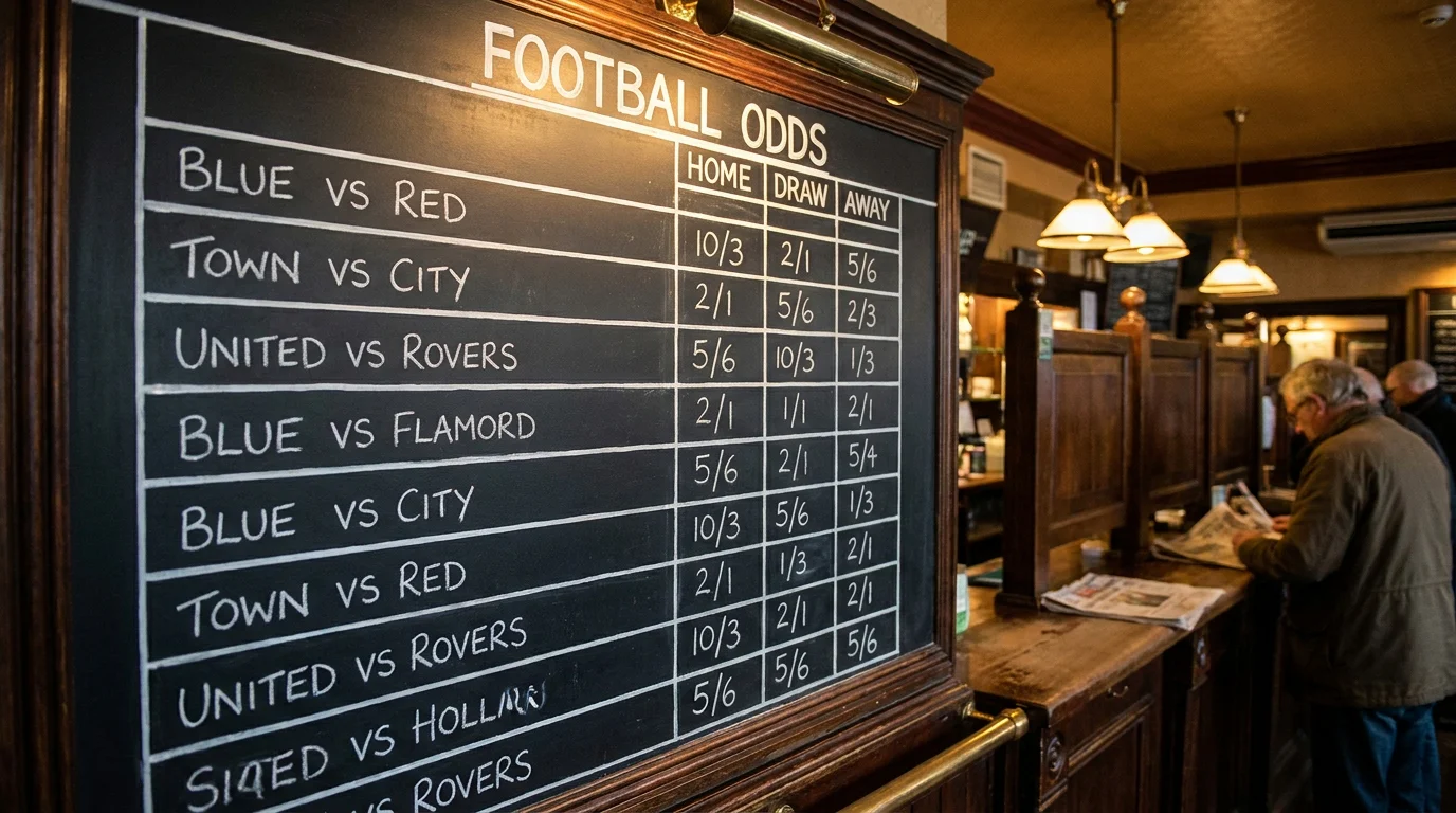 Bookmaker odds board showing fractional and decimal football betting prices for an English league match