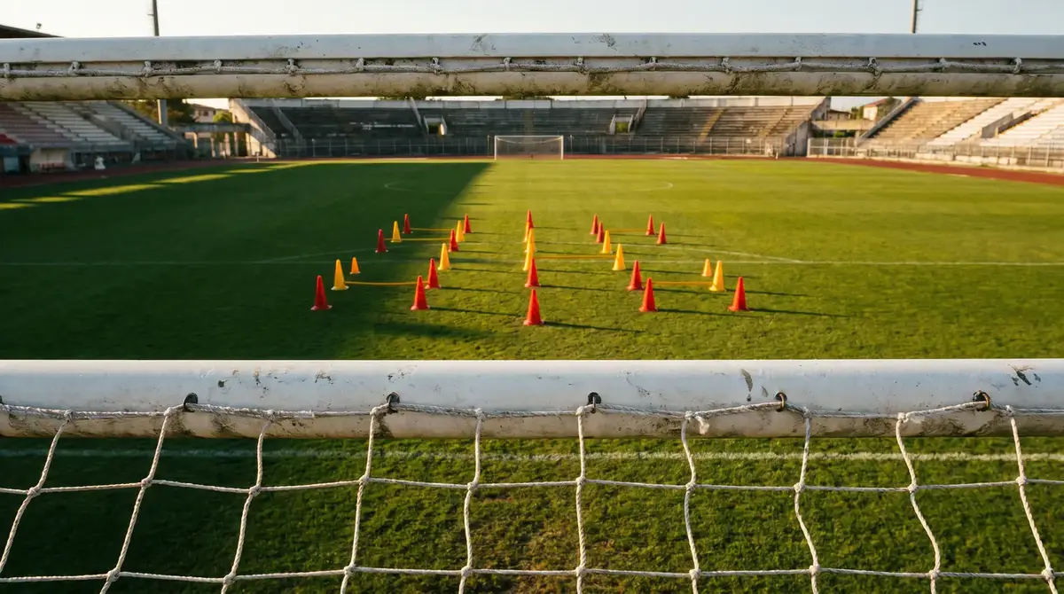 Football pitch viewed from behind the goal net with tactical markings visible