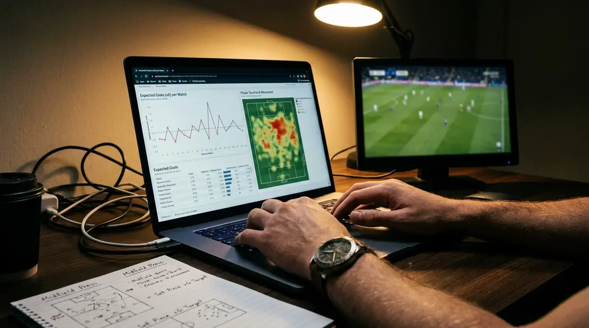 Analyst working with football performance data and expected goals metrics on laptop