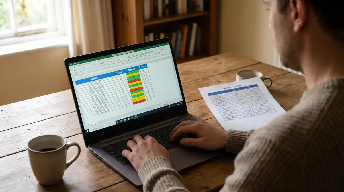 Football analyst reviewing match statistics and league data on a laptop screen