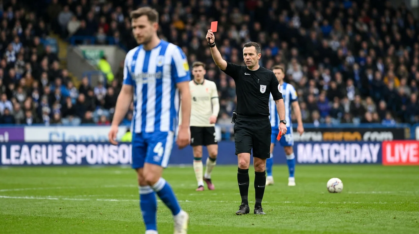 Referee showing a red card during an English football league match