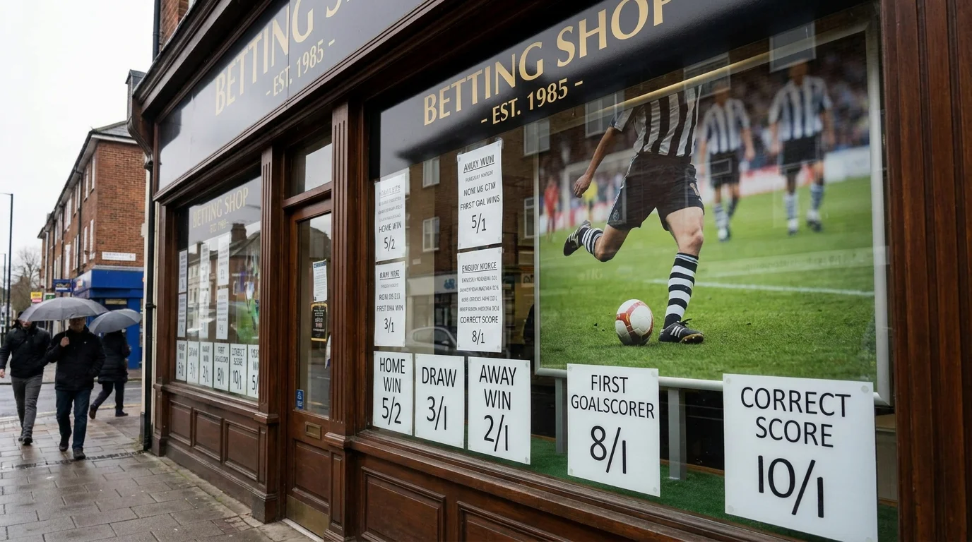 Traditional UK betting shop window displaying fractional football odds