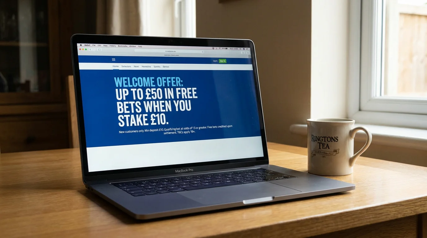 UK football betting welcome bonus displayed on a laptop screen with terms and conditions visible