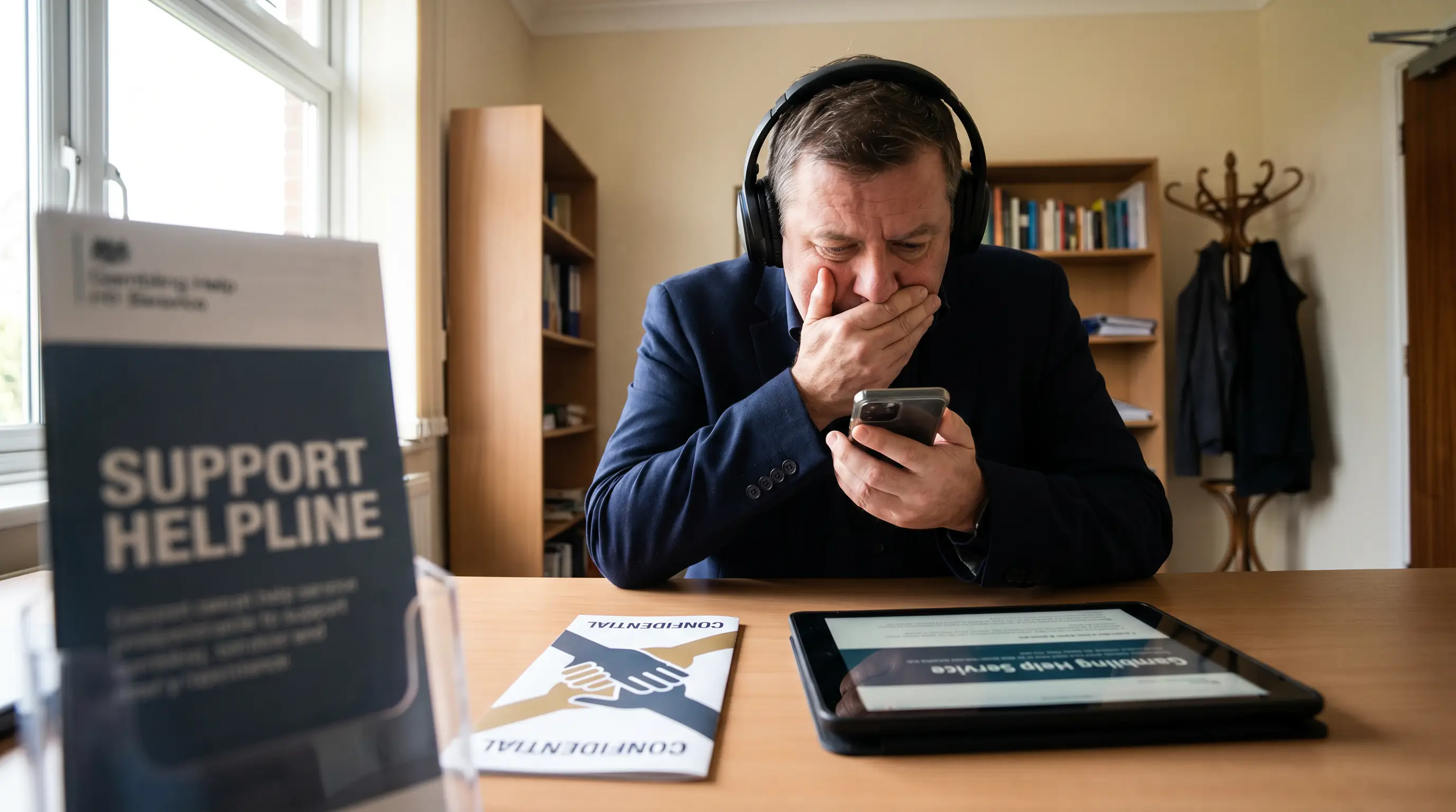 Person making a confidential phone call to a gambling support helpline