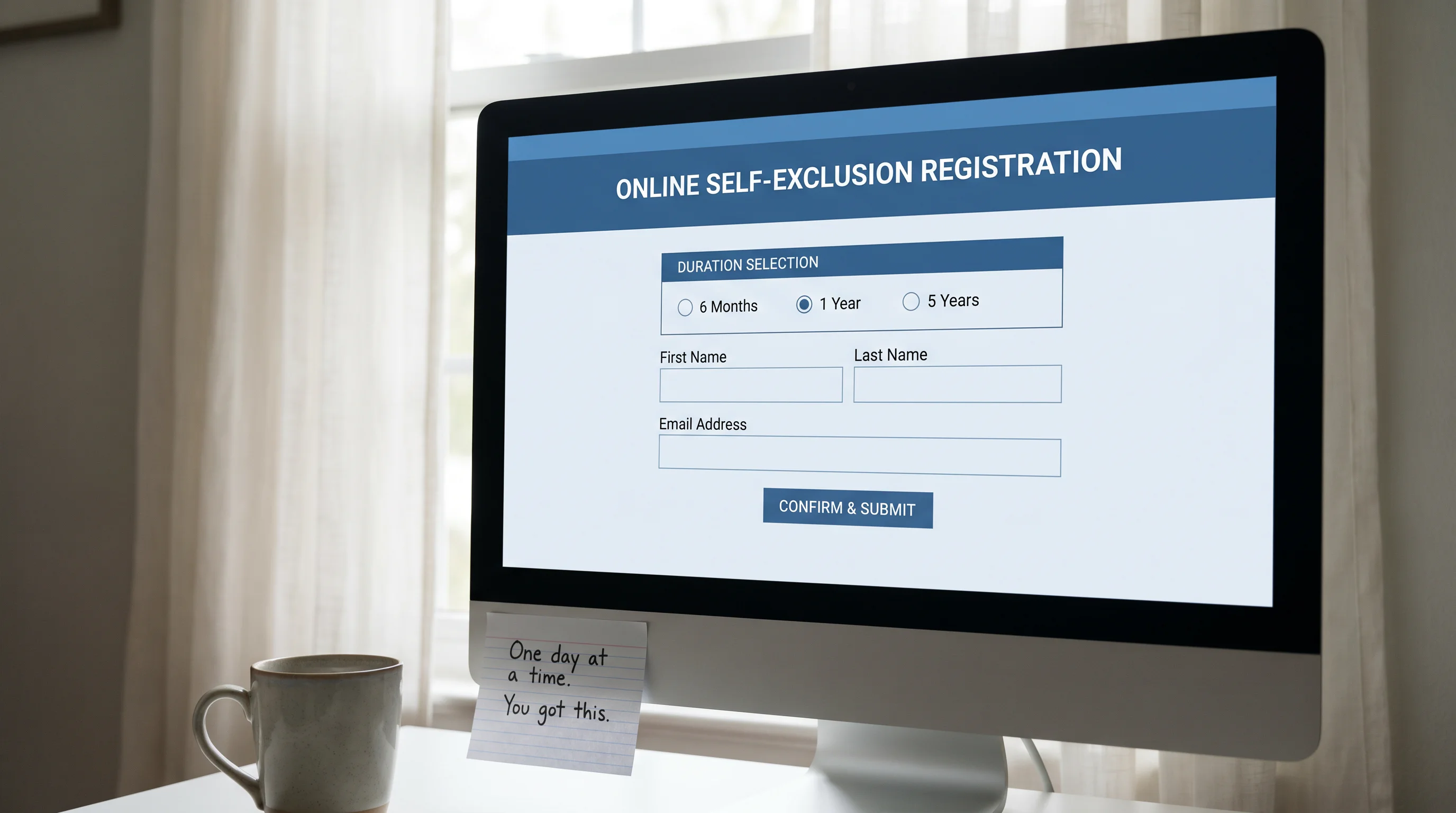GamStop self-exclusion registration screen showing duration options for UK online gambling protection