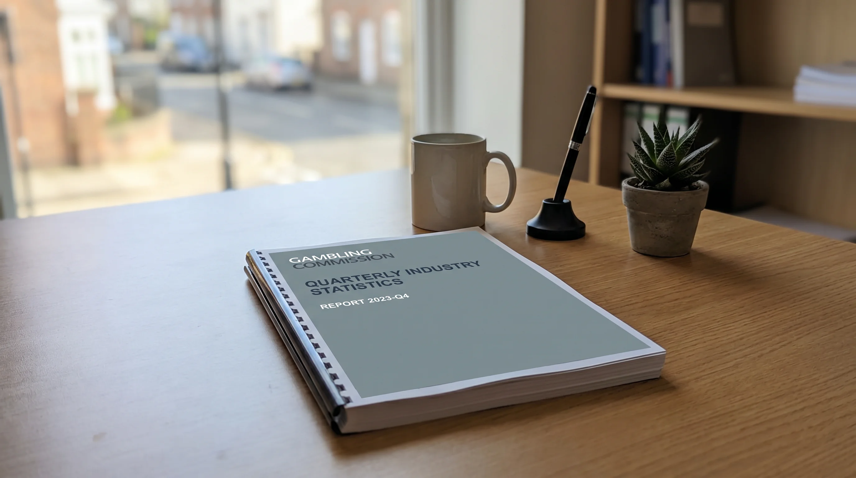 Gambling Commission quarterly industry statistics report on a desk