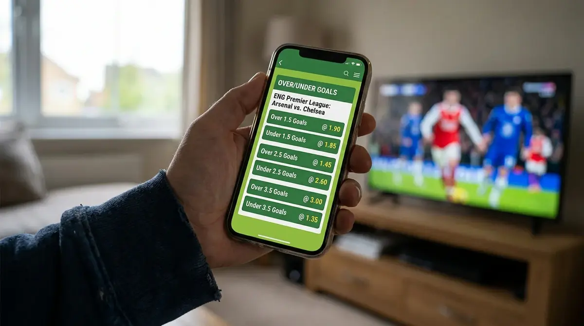 Mobile phone screen displaying over under goals betting lines for English football