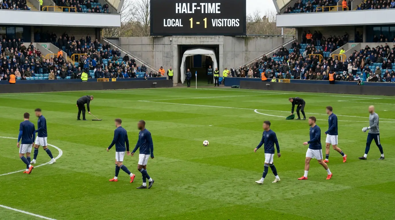 Football pitch at half-time with players walking towards the tunnel