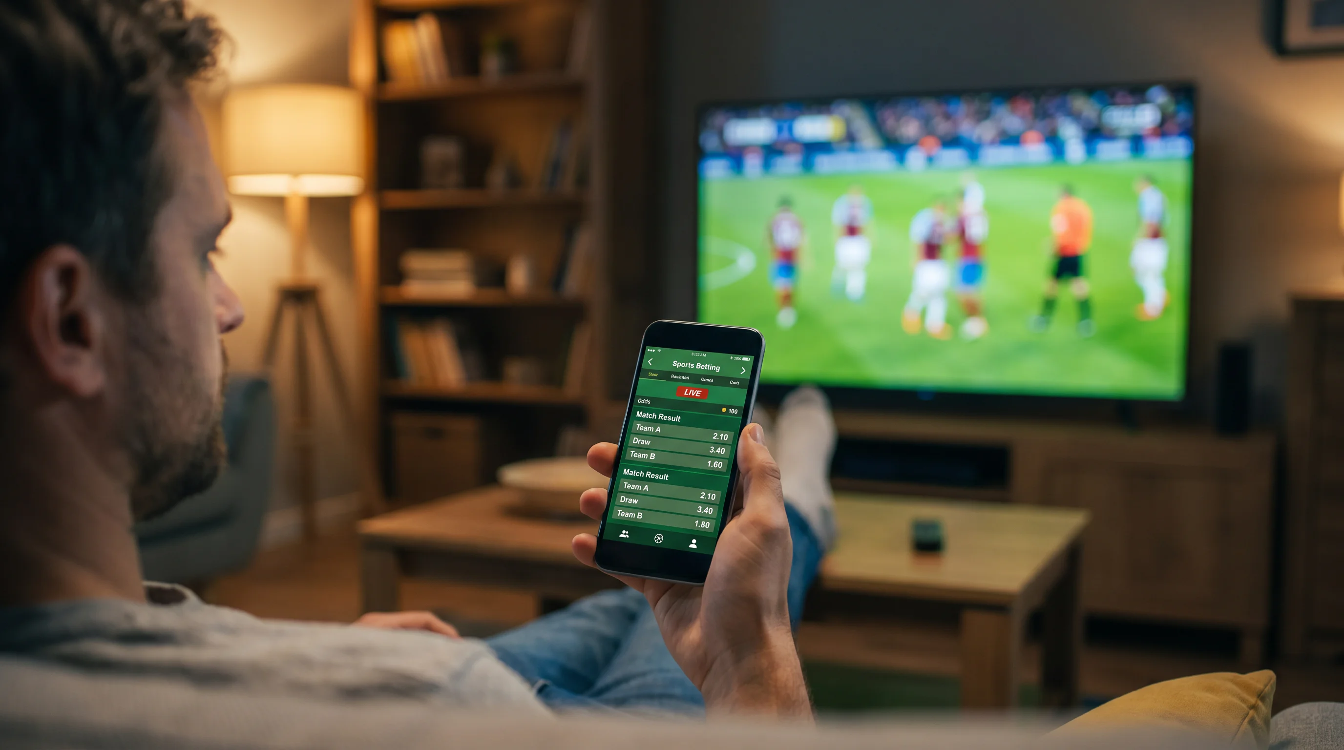 Football fan watching a live Premier League match on a smartphone while following in-play betting odds