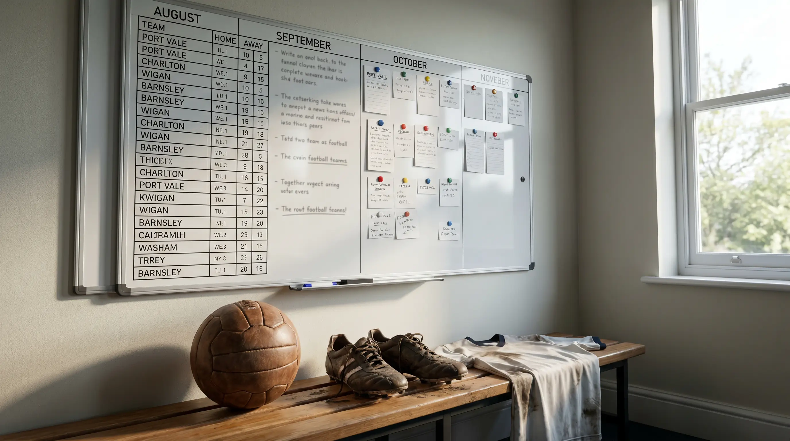 League One season fixture list displayed on a planning board