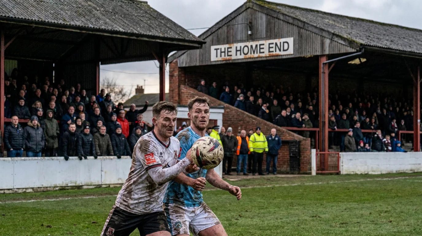 League Two football match at a small English ground with close-up of players competing for the ball