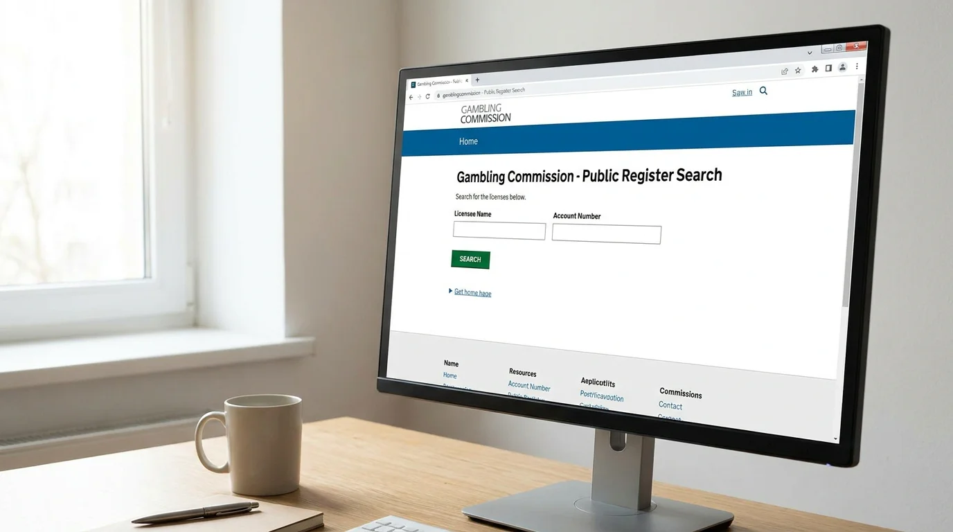 Gambling Commission public register search page on a computer screen