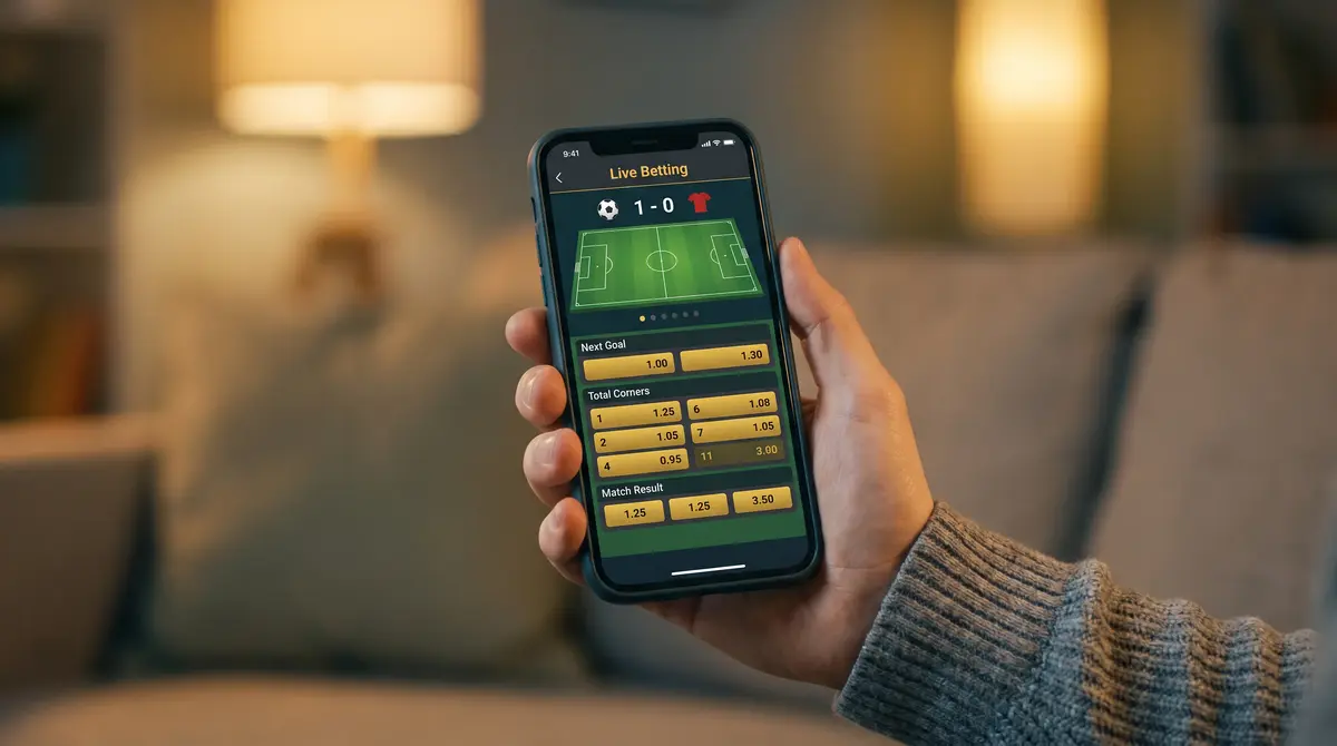 Person holding a smartphone showing a football betting app with live match odds