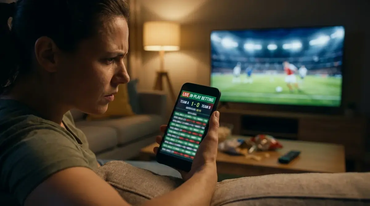 Mobile phone showing live in-play football betting with real-time match data