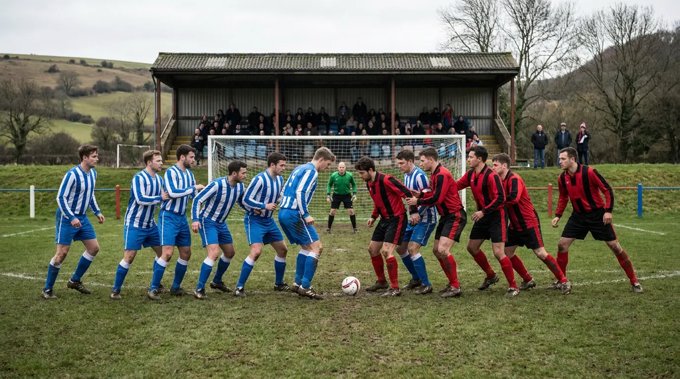 Defensive lower-league football match with compact formations