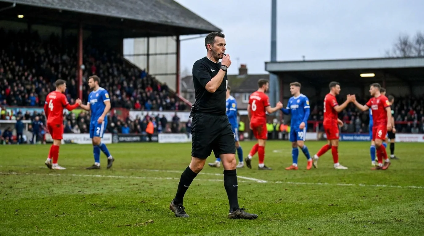 Referee blowing the final whistle at an English football match
