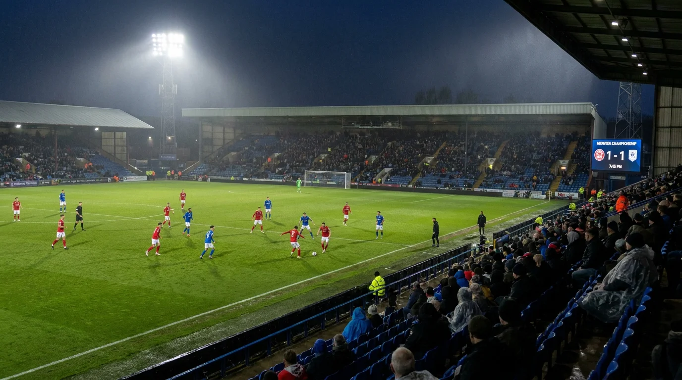 Midweek Championship match at a half-filled stadium under floodlights
