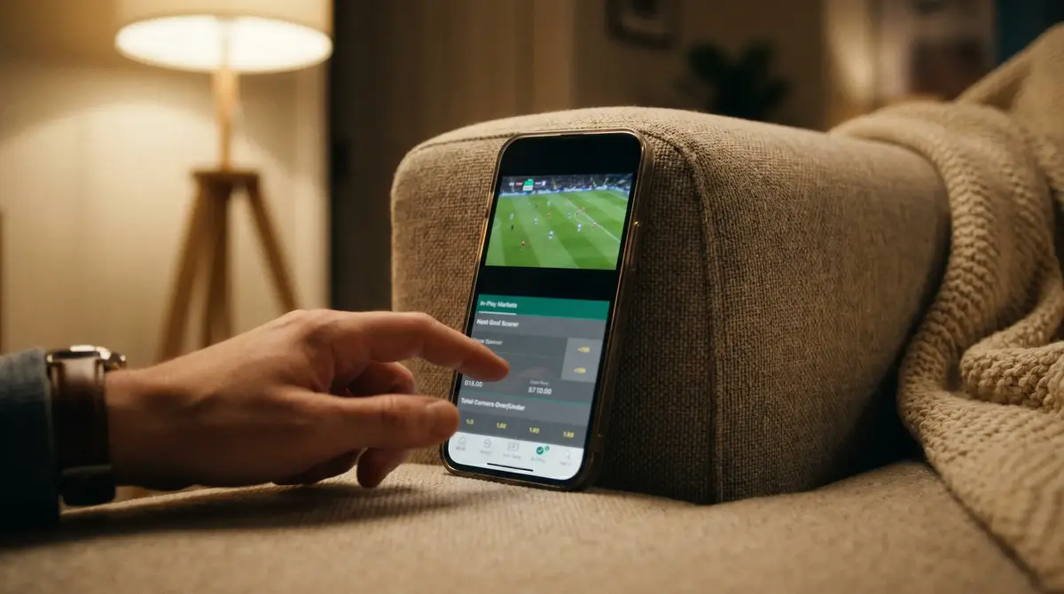 Mobile betting app with live football stream and in-play betting interface
