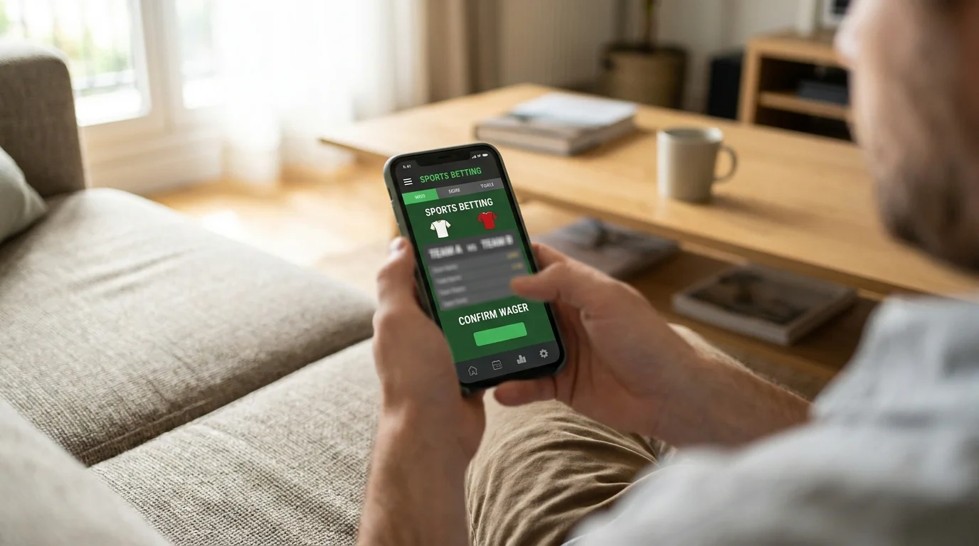 Person placing a sports bet from home on a smartphone from their sofa