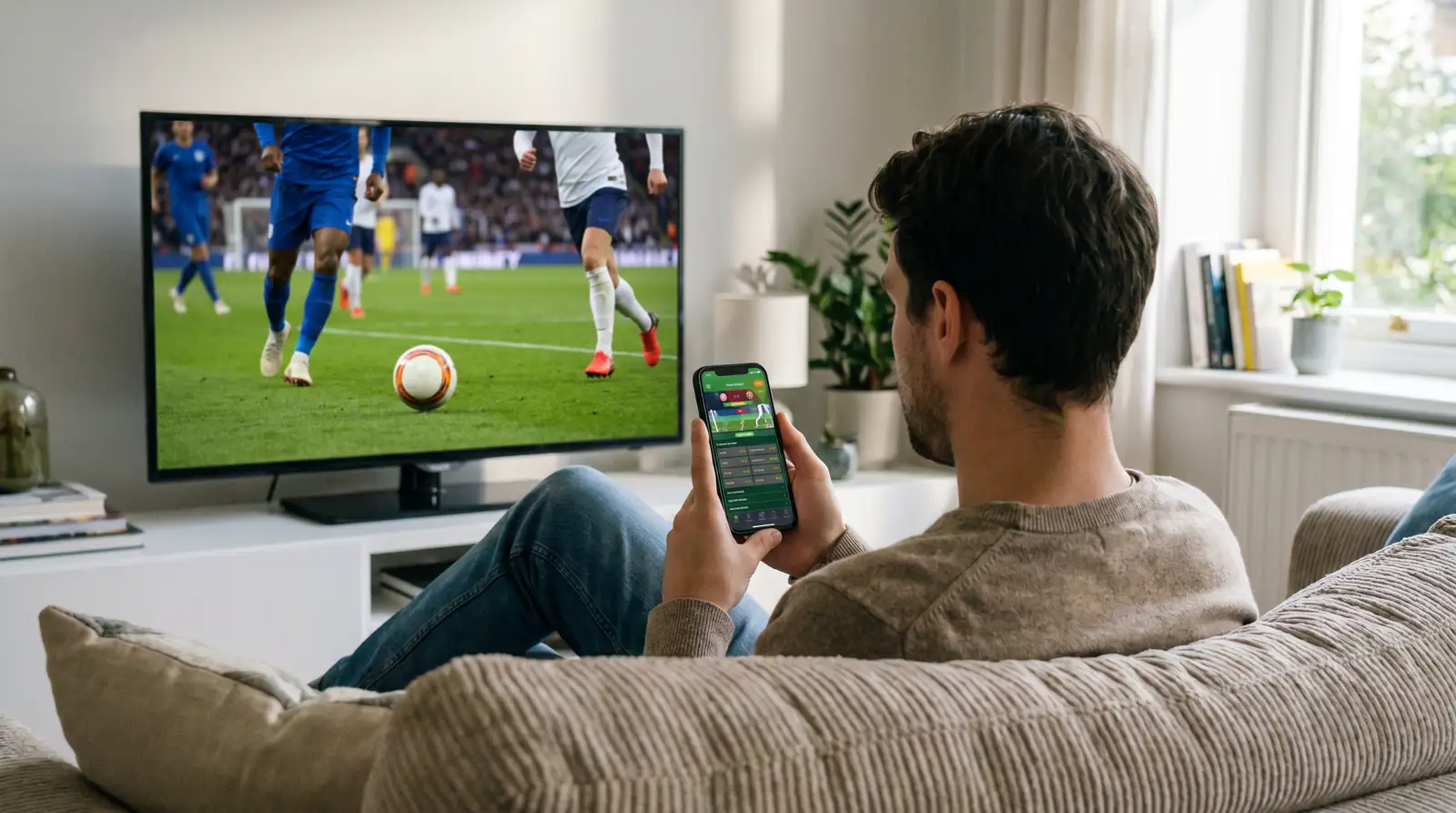 Person on a sofa using a betting app while watching football on television